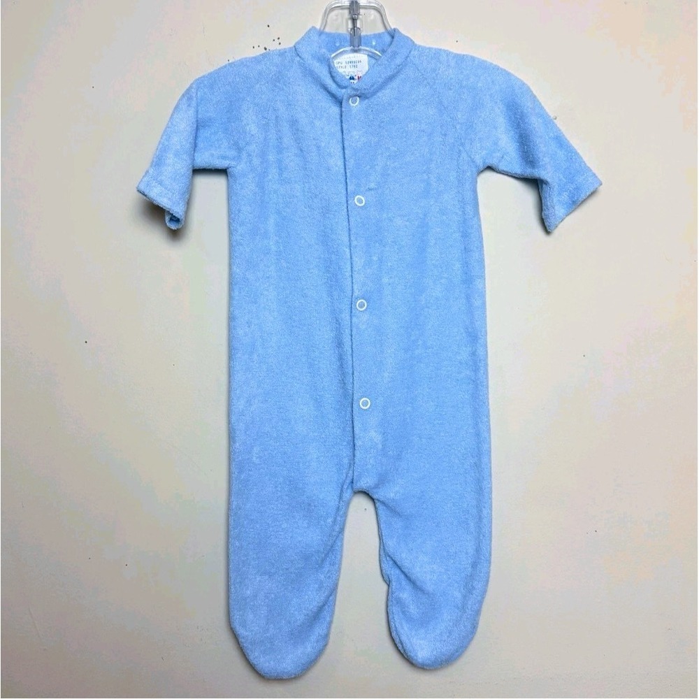 Vintage Baby Triplets Blue Terry Cloth Footie Pajamas Size Medium 0-3 Months